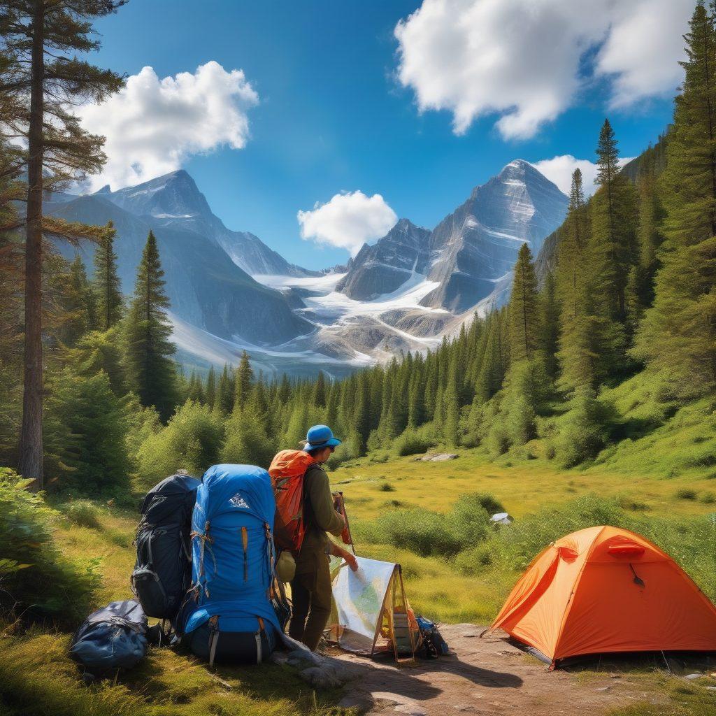 A vibrant outdoor scene showcasing a variety of adventure equipment like tents, backpacks, and hiking gear, framed by majestic mountains and a lush forest. Include a couple of adventurers preparing for their journey, one checking a map while the other sets up a tent. The sky is a stunning blue with fluffy clouds, capturing the essence of adventure and exploration. super-realistic. vibrant colors. outdoor setting.