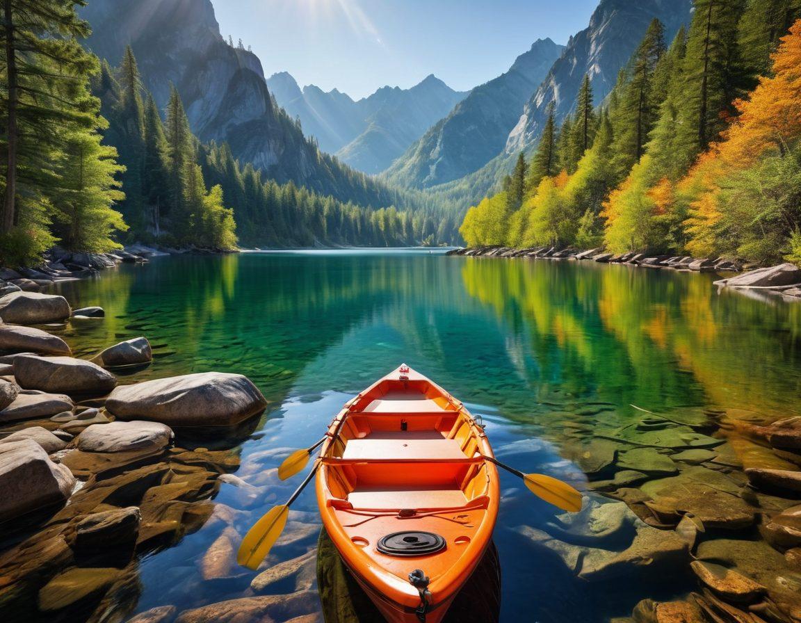 A breathtaking landscape showcasing a vibrant mountain range on one side, transitioning into a serene lake with a colorful boat on the water. The scene features essential hiking gear like a backpack and walking sticks placed near the mountains, while boating gear like life jackets and paddles are arranged on the lake's shore. Sunlight filters through trees, illuminating the gear, inviting viewers into the adventure. super-realistic. vibrant colors. wide-angle view.