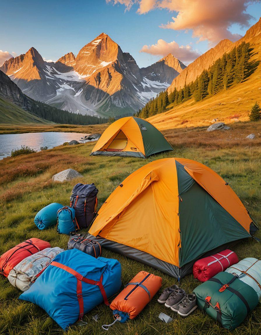 A vibrant outdoor scene showcasing a diverse range of travel accessories including backpacks, tents, sleeping bags, and hiking gear, surrounded by mountains and a sunrise in the background. Include a compass and a map sprawled out on a rock to symbolize exploration. The scene should convey a sense of adventure and readiness for nature's challenges. super-realistic. vivid colors. 3D.